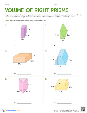 Volume of Right Prisms Worksheet