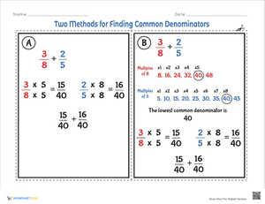 Finding Common Denominators Methods Worksheet