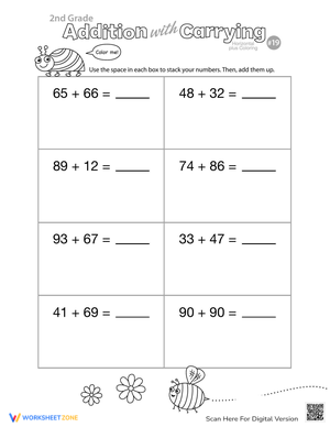 Addition Carrying Coloring Worksheet for Fun Math