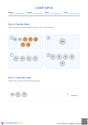 Printable Grade 2 Coin Counting Worksheet: Coin Op II