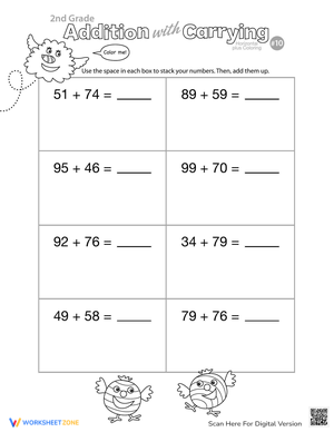 Coloring Addition with Carrying Worksheet