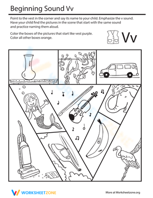 Printable Letter V Beginning Sounds Coloring Worksheet