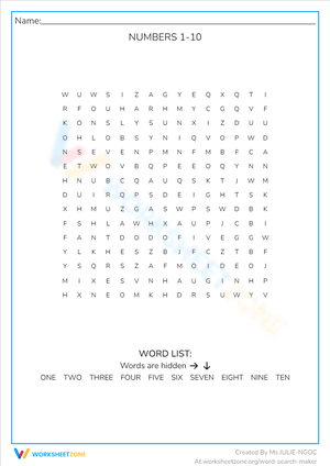 Numbers 1-10 Word Search Puzzle Worksheet