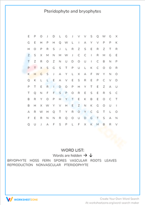Pteridophyte and Bryophytes Study Sheet