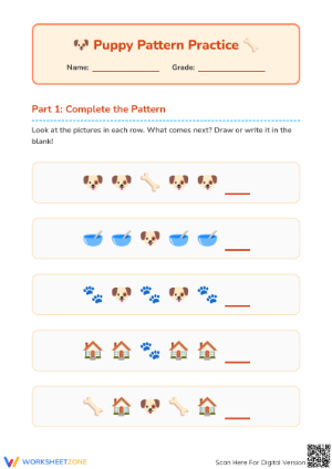 Essential Puppy Pattern Practice Worksheet for Grade K-1