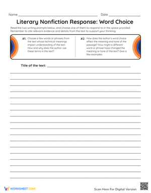Literary Nonfiction Response Prompt Worksheet