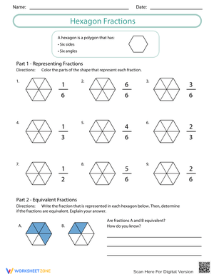 Visualize Fractions with Hexagon Fractions Worksheet