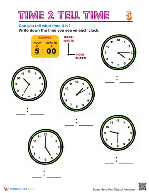 Telling Time Practice Worksheet: Five-Minute