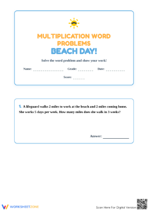 Beach Multiplication Word Problems: Grade 3 | Printable