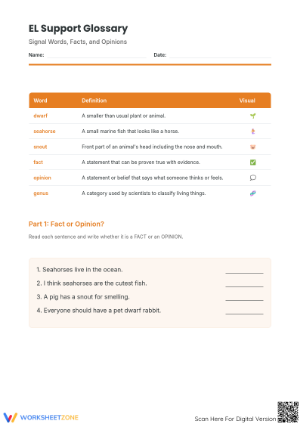 Grade 5 Fact vs Opinion Glossary | Essential ELA Worksheet