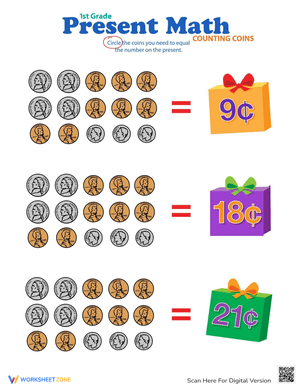 Counting Coins: Present Math Worksheet