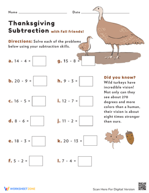 Thanksgiving Subtraction Worksheet