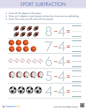 Subtract Four: Math Subtraction Worksheet
