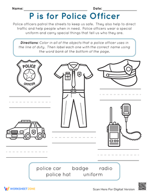 P Is for Police Officer Worksheet