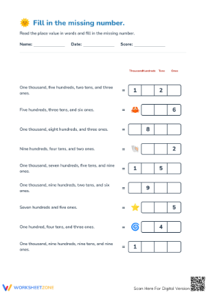 Essential Place Value Fill-In Worksheet | Grade 2 Math