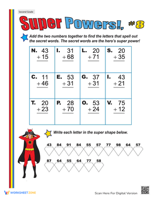 Two-Digit Addition Superhero Theme Worksheet