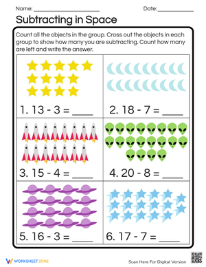 Subtracting in Space Math Worksheet