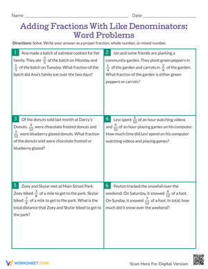 Adding Fractions Word Problems Worksheet
