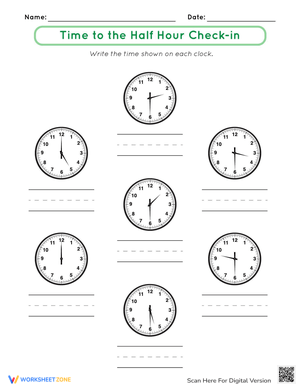 Half Hour Time Telling Worksheet