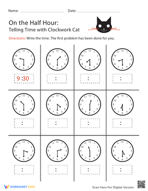 Telling Time to the Half Hour: Clockwork Cat