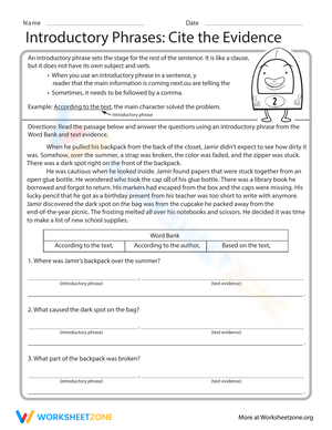 Cite Evidence: Introductory Phrases Worksheet