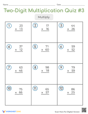 Two Digit Multiplication Quiz Worksheet