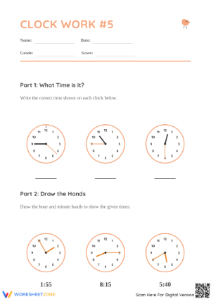 Essential 2nd Grade Telling Time to 5 Minutes Worksheet