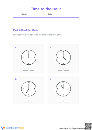 Grade 1 Time to the Hour — Printable No-Prep Worksheet