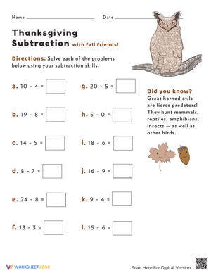 Thanksgiving Subtraction Fun Worksheet