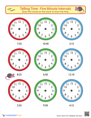 Telling Time to Five Minutes: Draw the Time