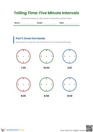Essential Grade 2 Telling Time to 5 Minutes Worksheet