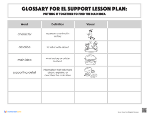Main Idea Glossary Worksheet