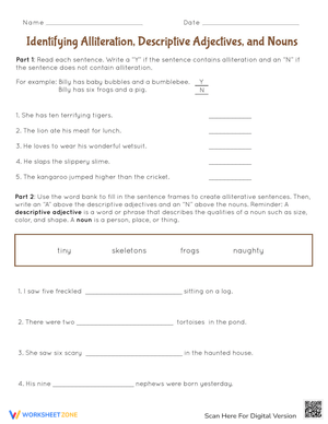 Identify Alliteration: Descriptive Adjectives & Nouns