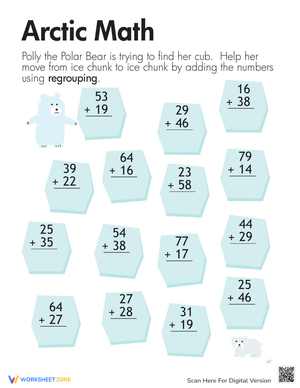 Arctic Addition with Regrouping Worksheet
