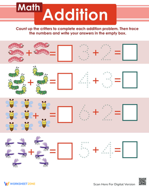 Bug Addition Math Worksheet: Fun with Bugs
