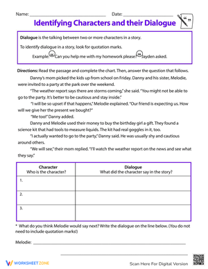 Identifying Character Dialogue Worksheet