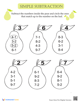 Simple Subtraction with Pears Math Worksheet