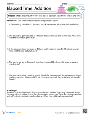 Elapsed Time Addition Worksheet for Time Management