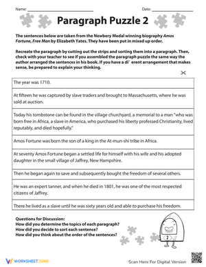 Paragraph Puzzle: Reading Comprehension Worksheet