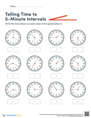 Telling Time: Write the Time to Five Minutes