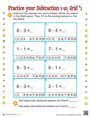 Practice One-Digit Subtraction Grid 1
