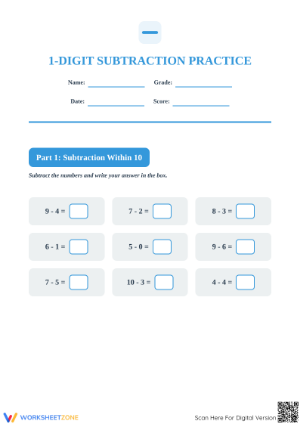 Printable Grade 1 Subtraction Worksheet | Facts Within 10