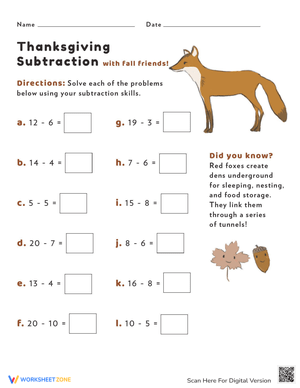 Thanksgiving Subtraction Themed Learning