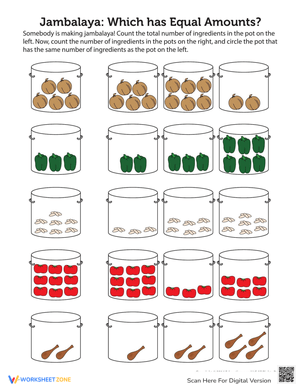 Jambalaya: Identifying Equal Amounts Worksheet