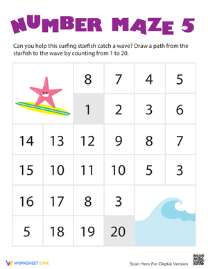 Number Maze: Starfish Kindergarten Worksheet