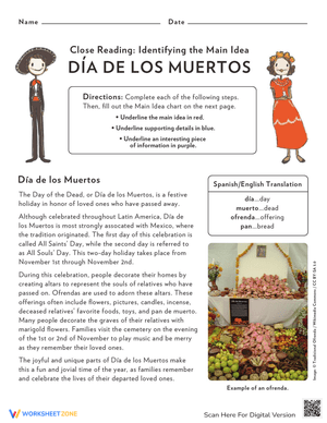 Find the Main Idea: Dia de los Muertos Worksheet