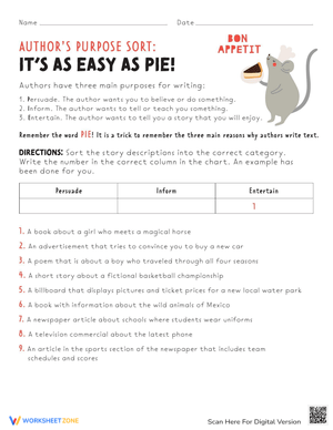 Author’s Purpose Sort: It’s as Easy as Pie!