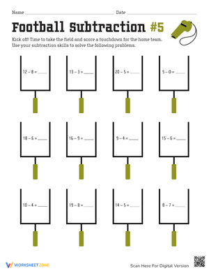 Subtraction Facts Football Worksheet