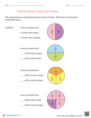 Find the Halves, Thirds, and Fourths Fraction Worksheet