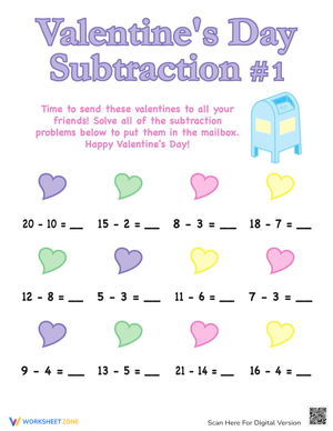 Valentine's Day Subtraction Worksheet for Kids